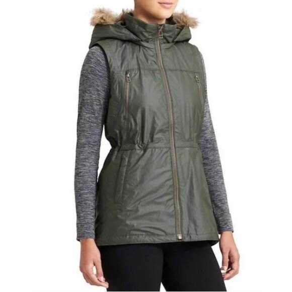 Athleta Alpine Air Vest Green Hooded Faux Fur Zip Up Utility Jacket XS - Picture 1 of 12